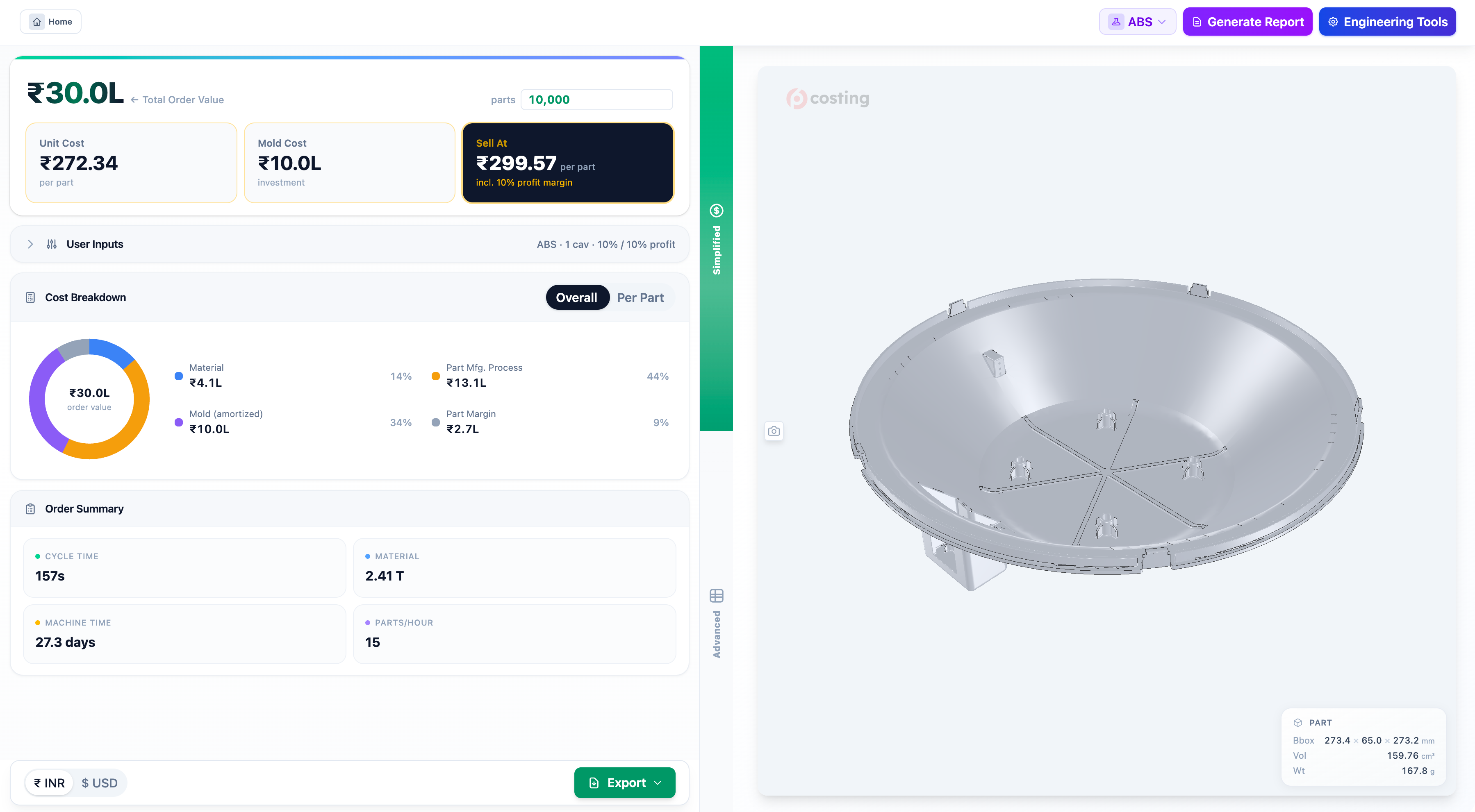 Pre6 Costing — per-part cost breakdown dashboard