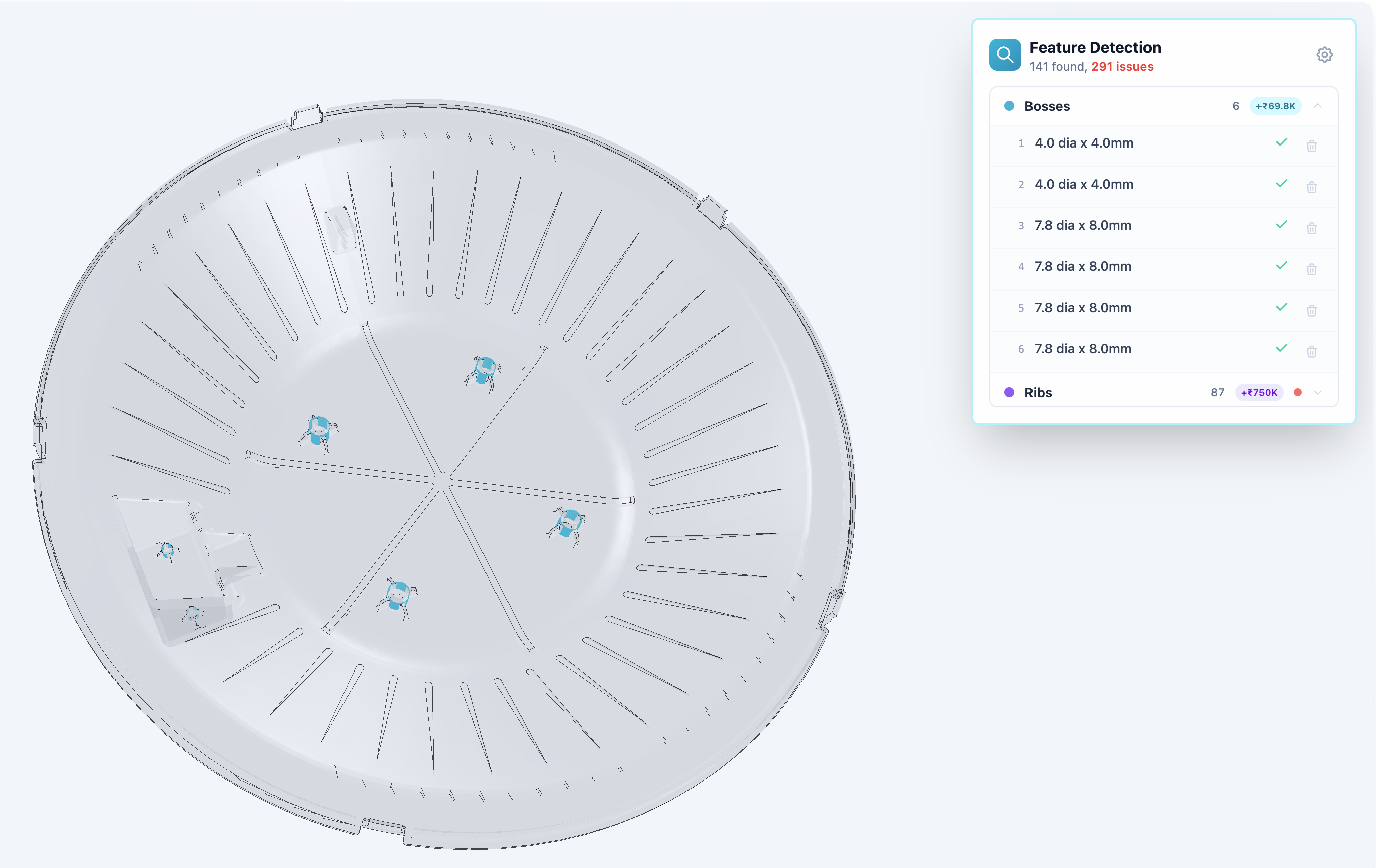 Feature detection with cost tags on bosses and ribs