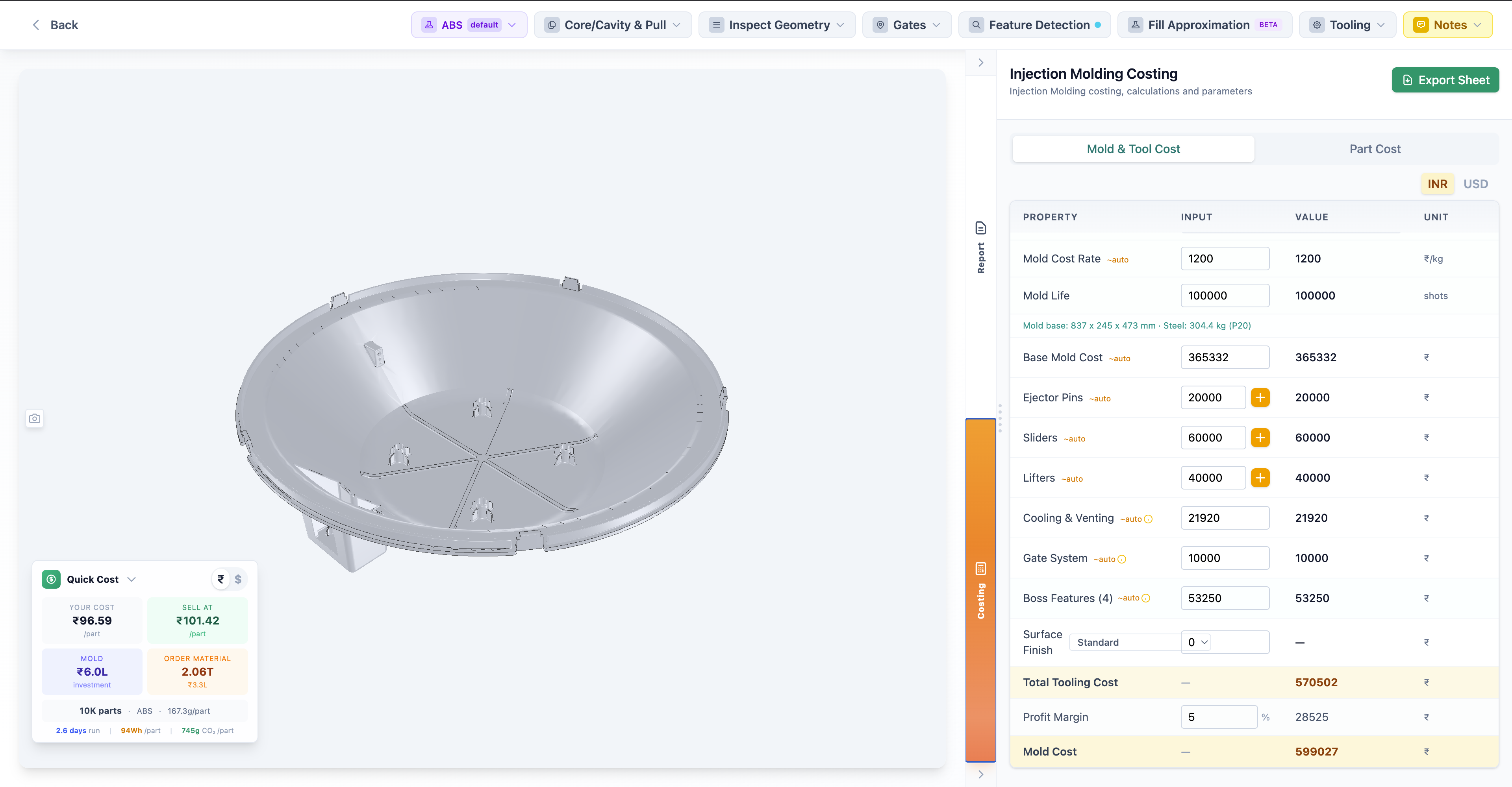 Mold and tooling cost breakdown with line items