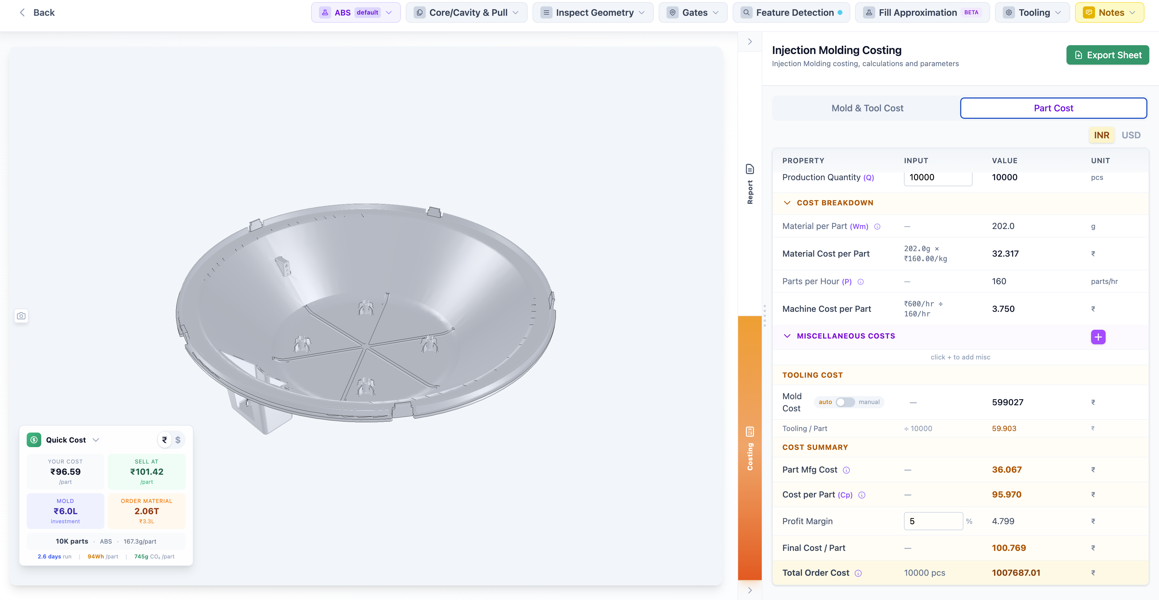 Per-part cost breakdown with material, machine, and tooling costs