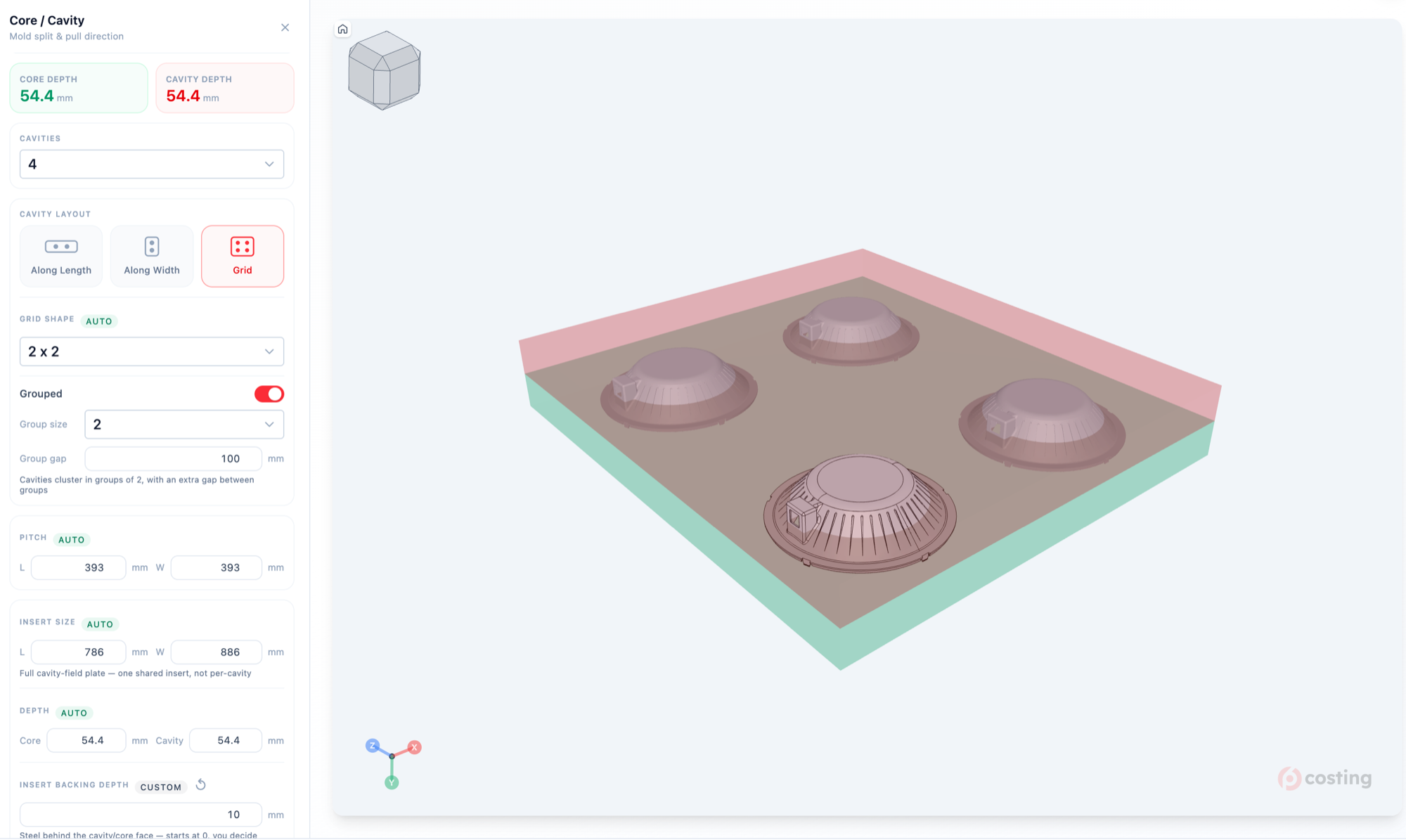 Cavity layout solver — four cavities in a grouped 2 by 2 grid with pitch and insert size