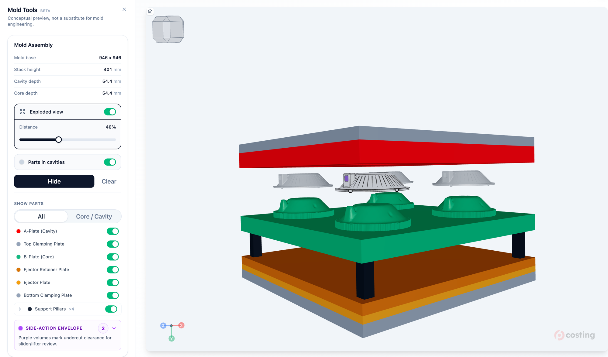 Exploded 3D mold assembly with plate stack and side-action envelopes