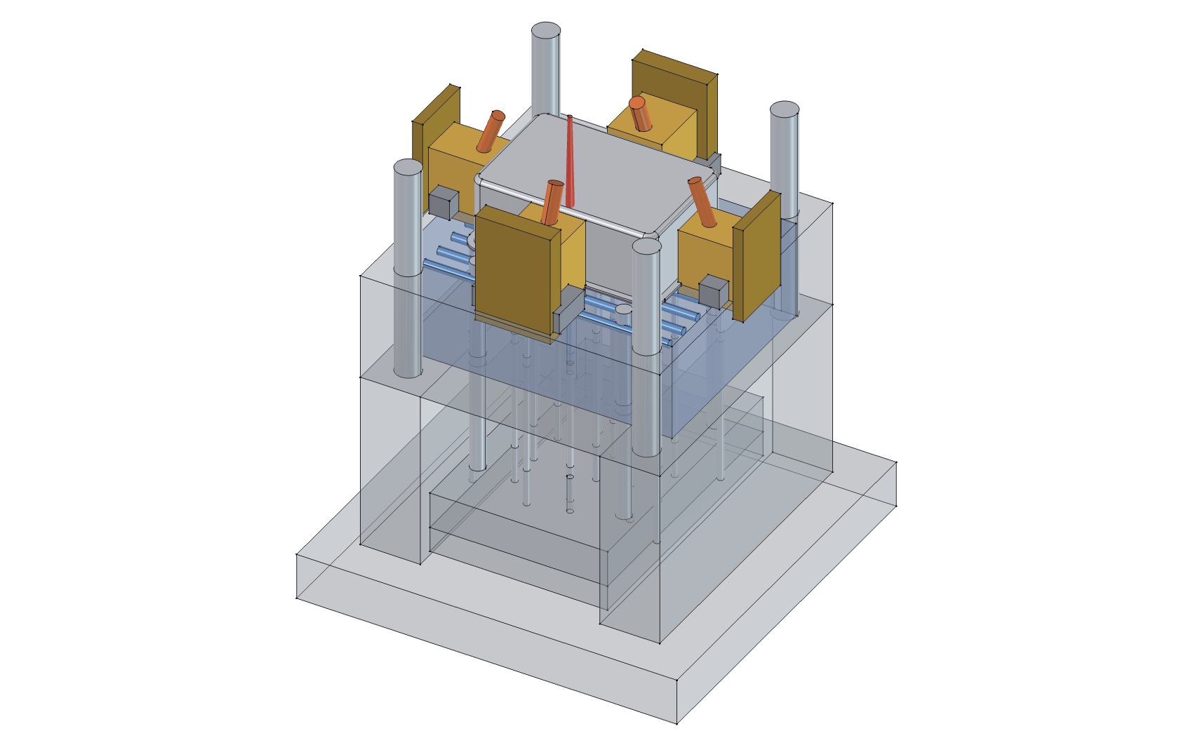 A mold designed round a plastic enclosure: the core half with four sliders, one per wall, each with its heel block and angle pin, over the ejector pins and water lines