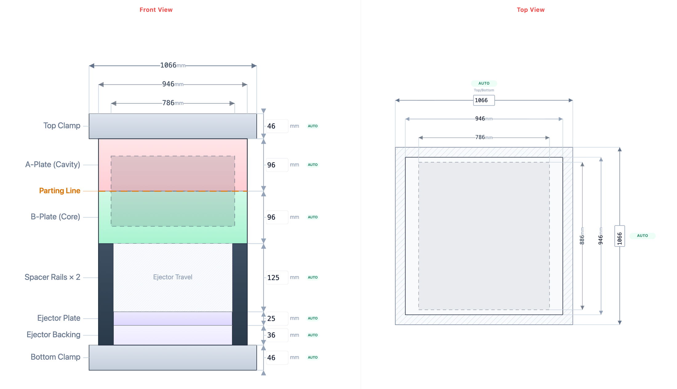 Mold layout drawing — front and top views with every plate dimensioned