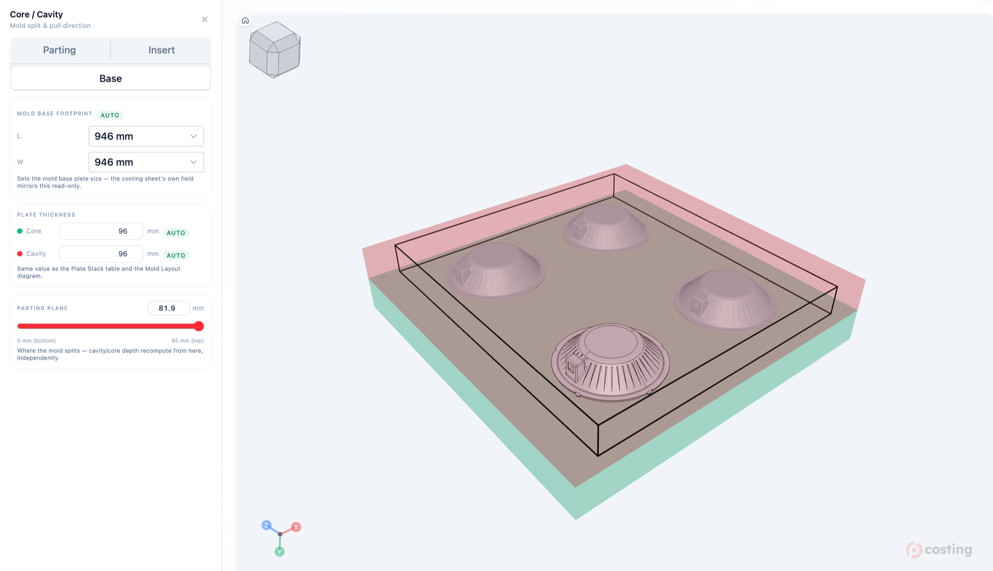 Parting plane control with core and cavity plate thickness