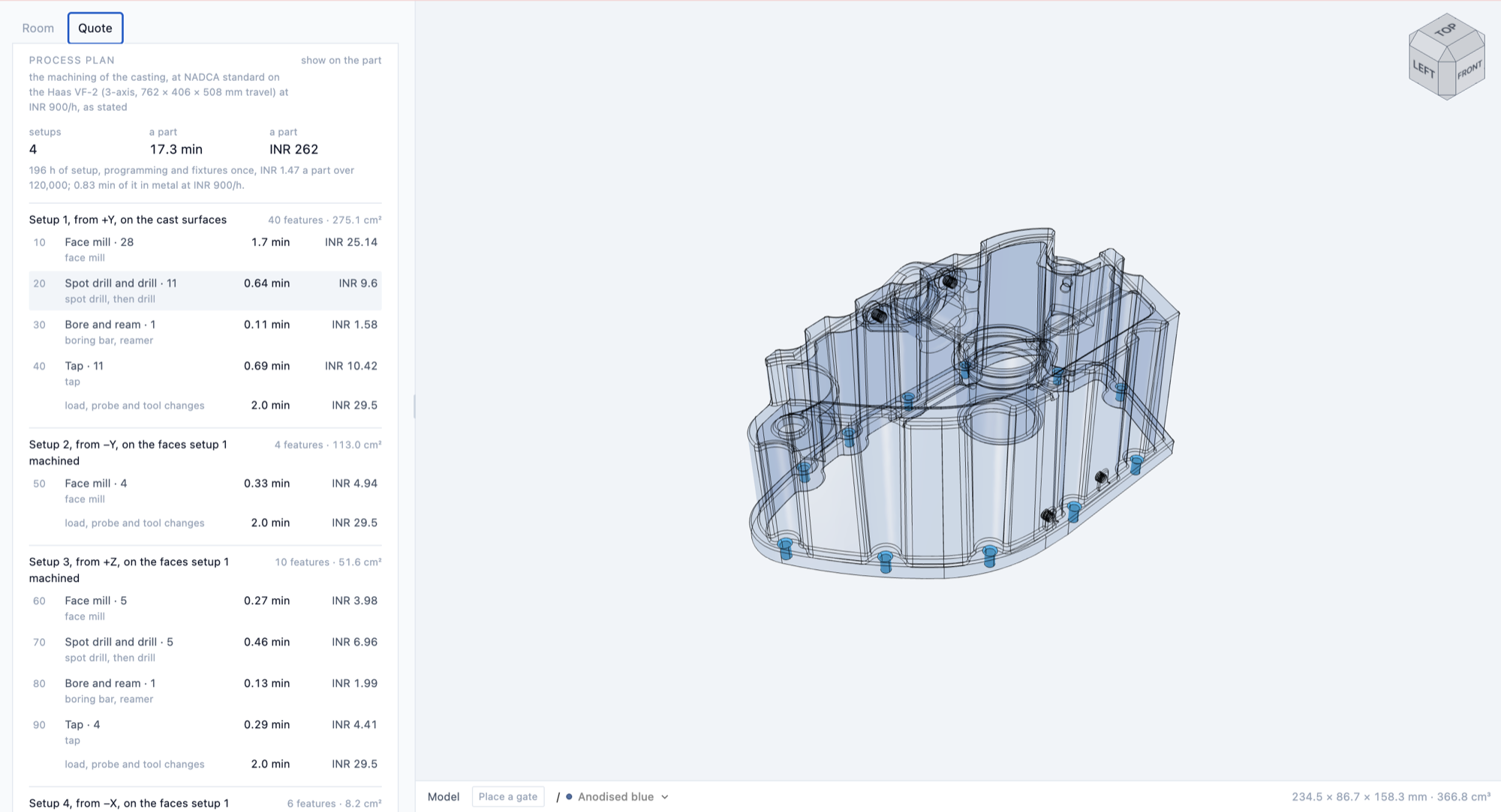 A machining process plan with setups, operations, minutes and cost, the machined features lit on the part