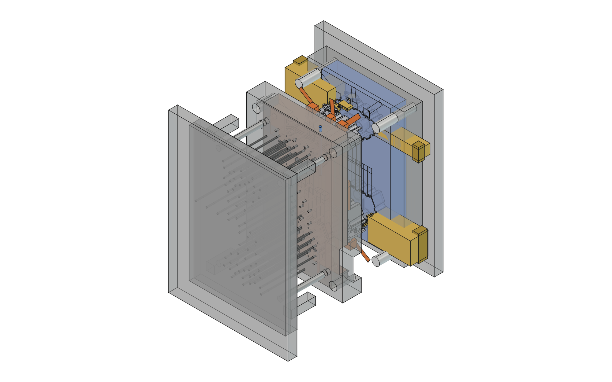 Exploded two-cavity die-casting die built from the part: cover and ejector halves, slides with heel blocks, ejector pins, runner and shot sleeve
