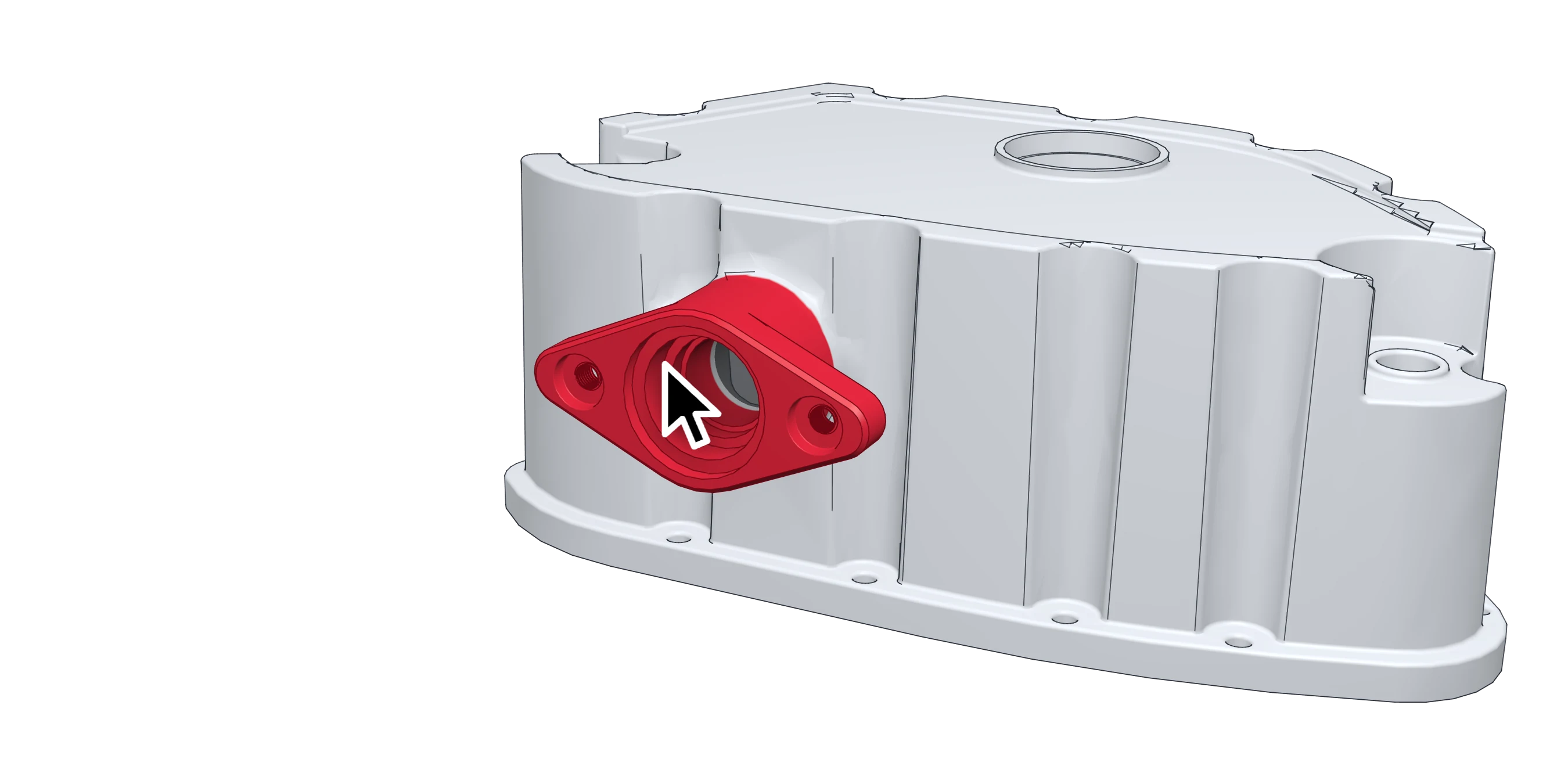 An enclosure casting with its side port boss highlighted and a cursor over it.